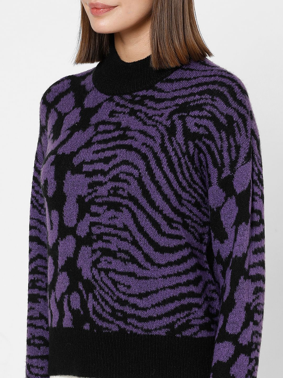 Purple Animal Print High Neck Pullover