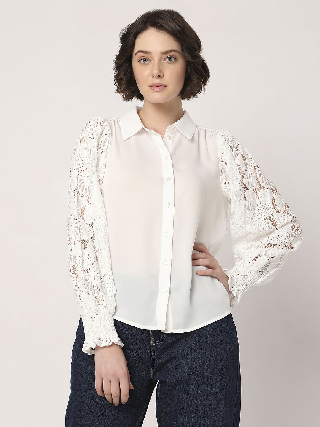 White Lace Sleeves Shirt