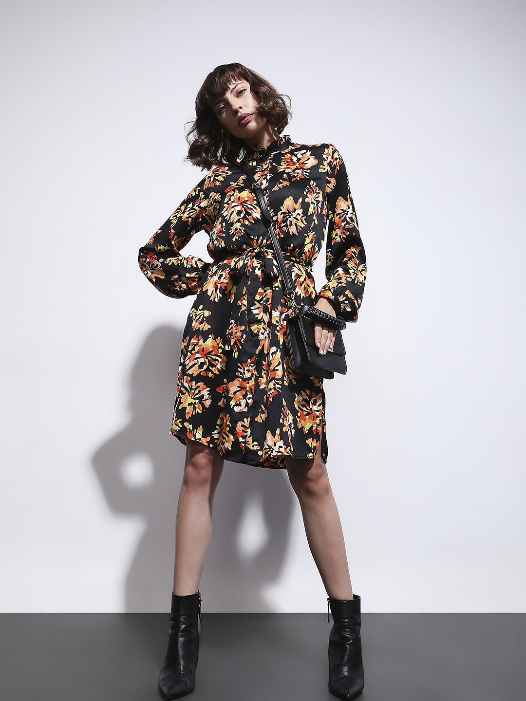 Black Floral Print Shirt Dress