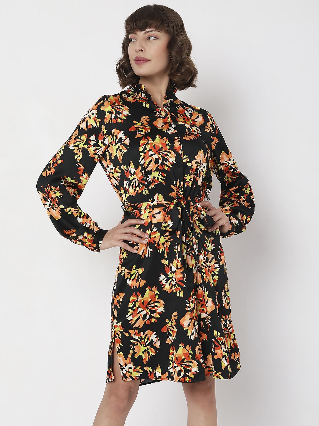 Black Floral Print Shirt Dress