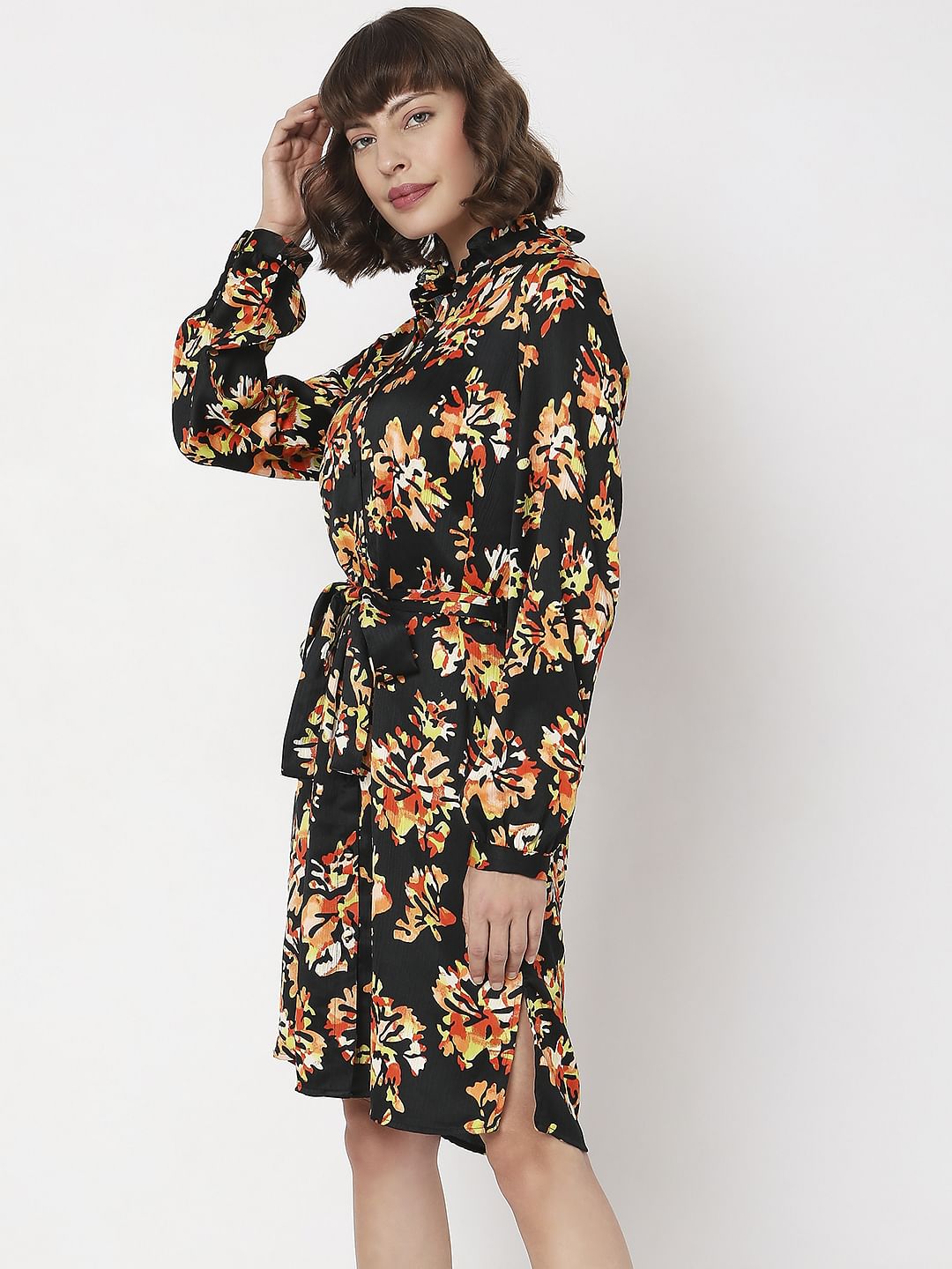 Black Floral Print Shirt Dress