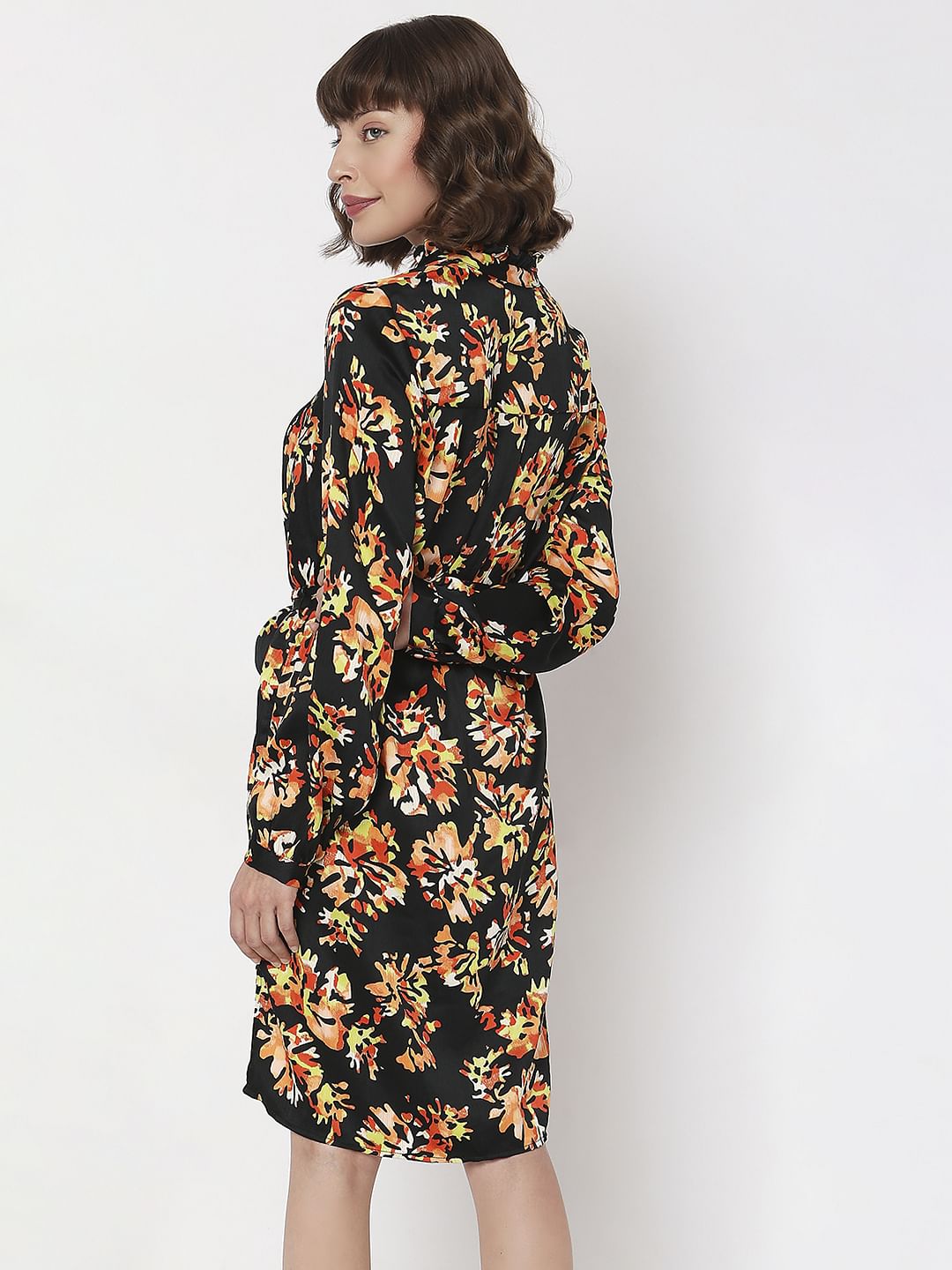 Black Floral Print Shirt Dress