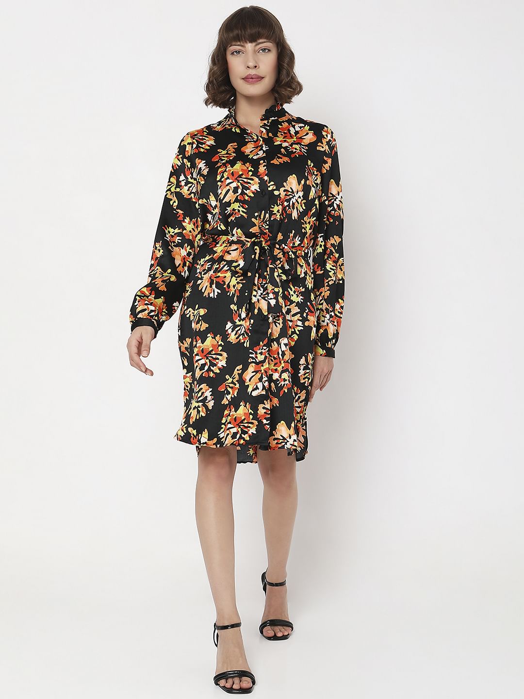 Black Floral Print Shirt Dress