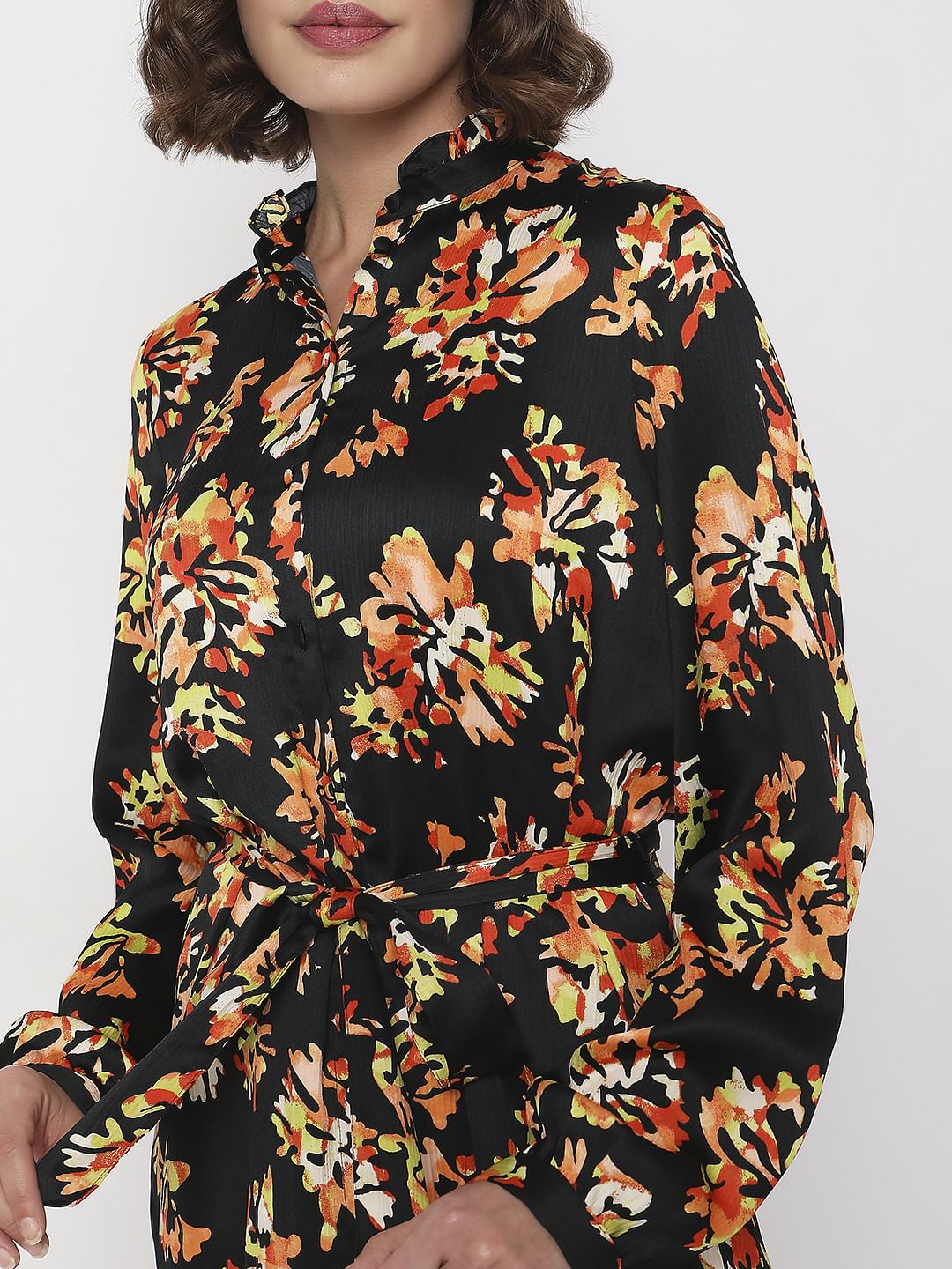 Black Floral Print Shirt Dress