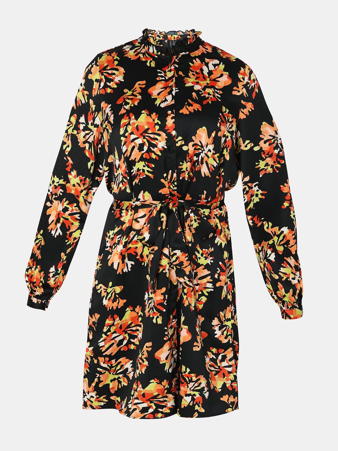 Black Floral Print Shirt Dress