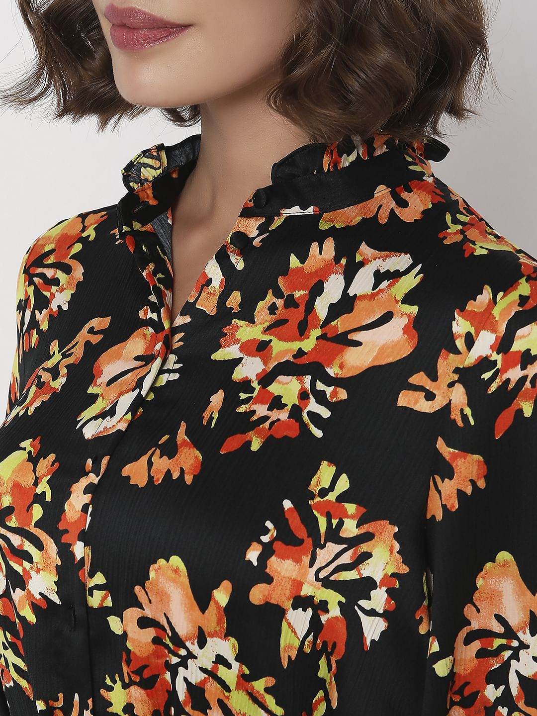 Black Floral Print Shirt Dress