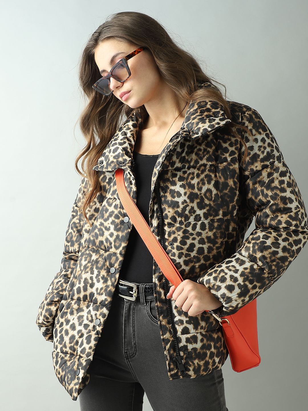 Brown Animal Print Puffer Jacket