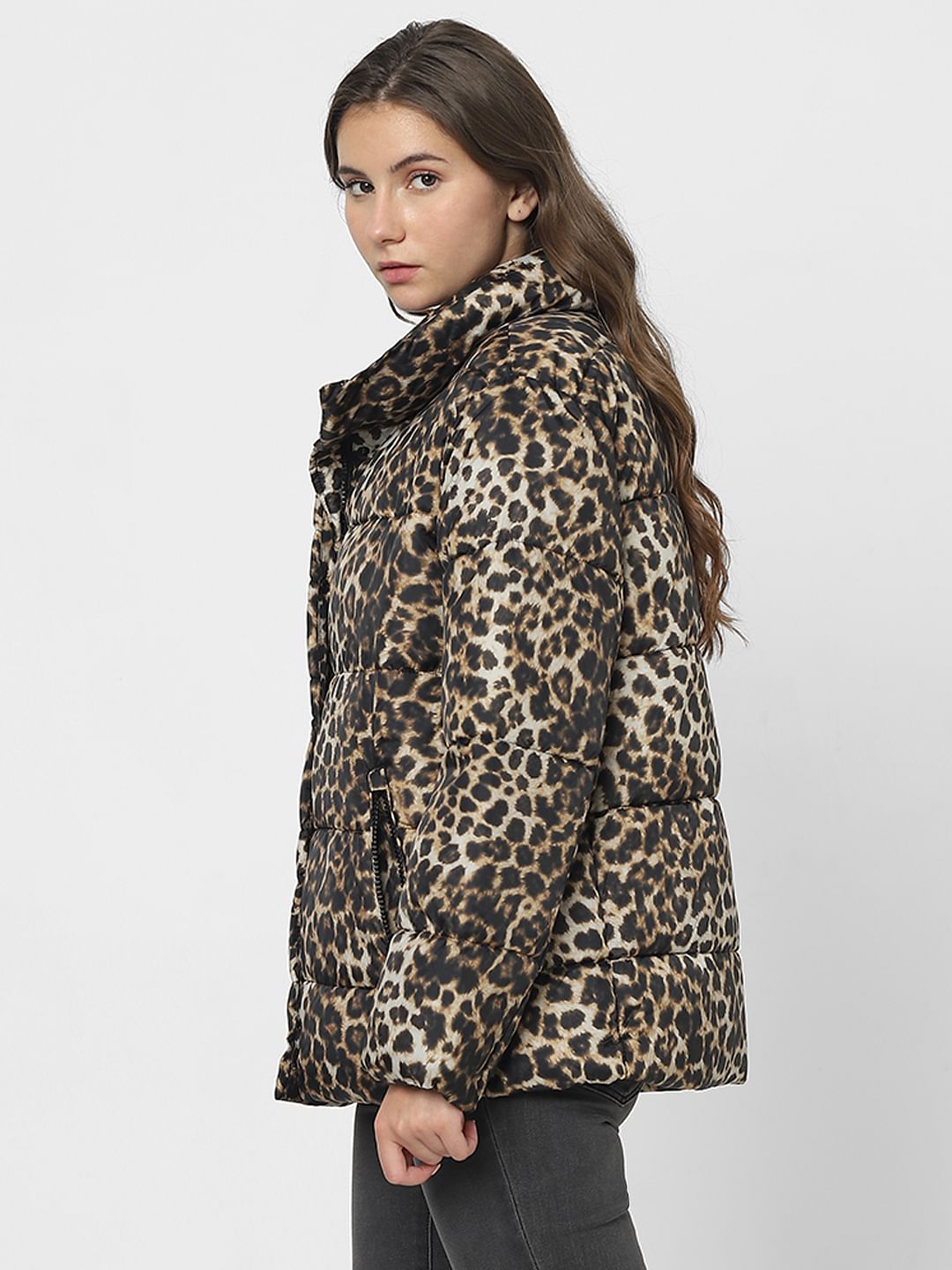 Brown Animal Print Puffer Jacket