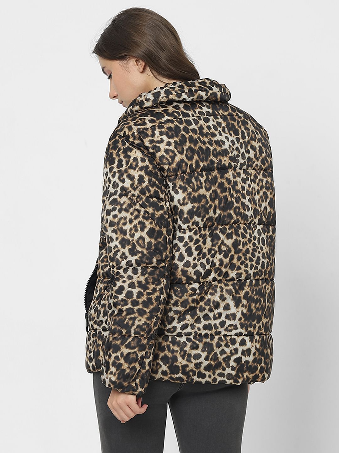 Brown Animal Print Puffer Jacket