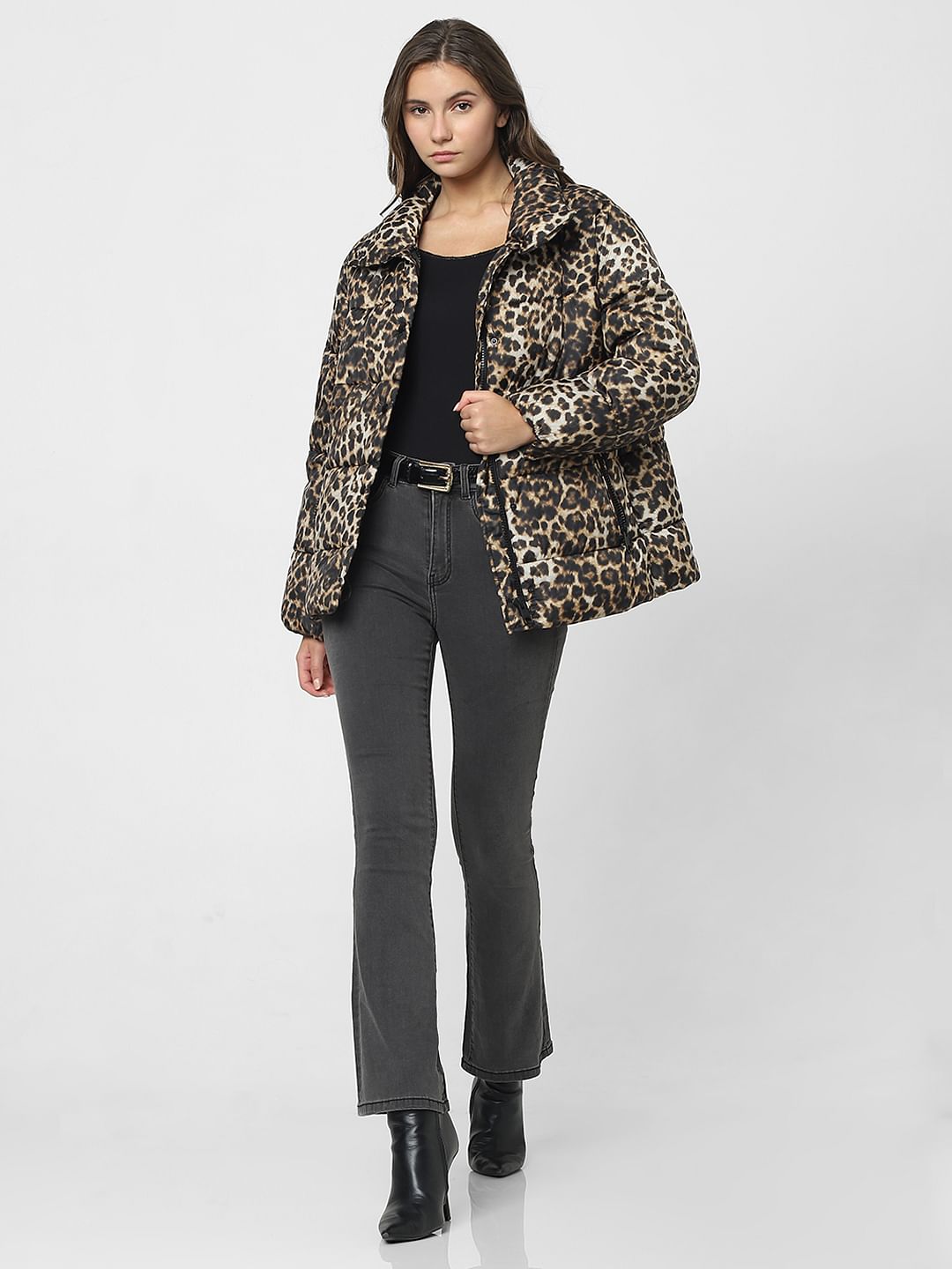 Brown Animal Print Puffer Jacket