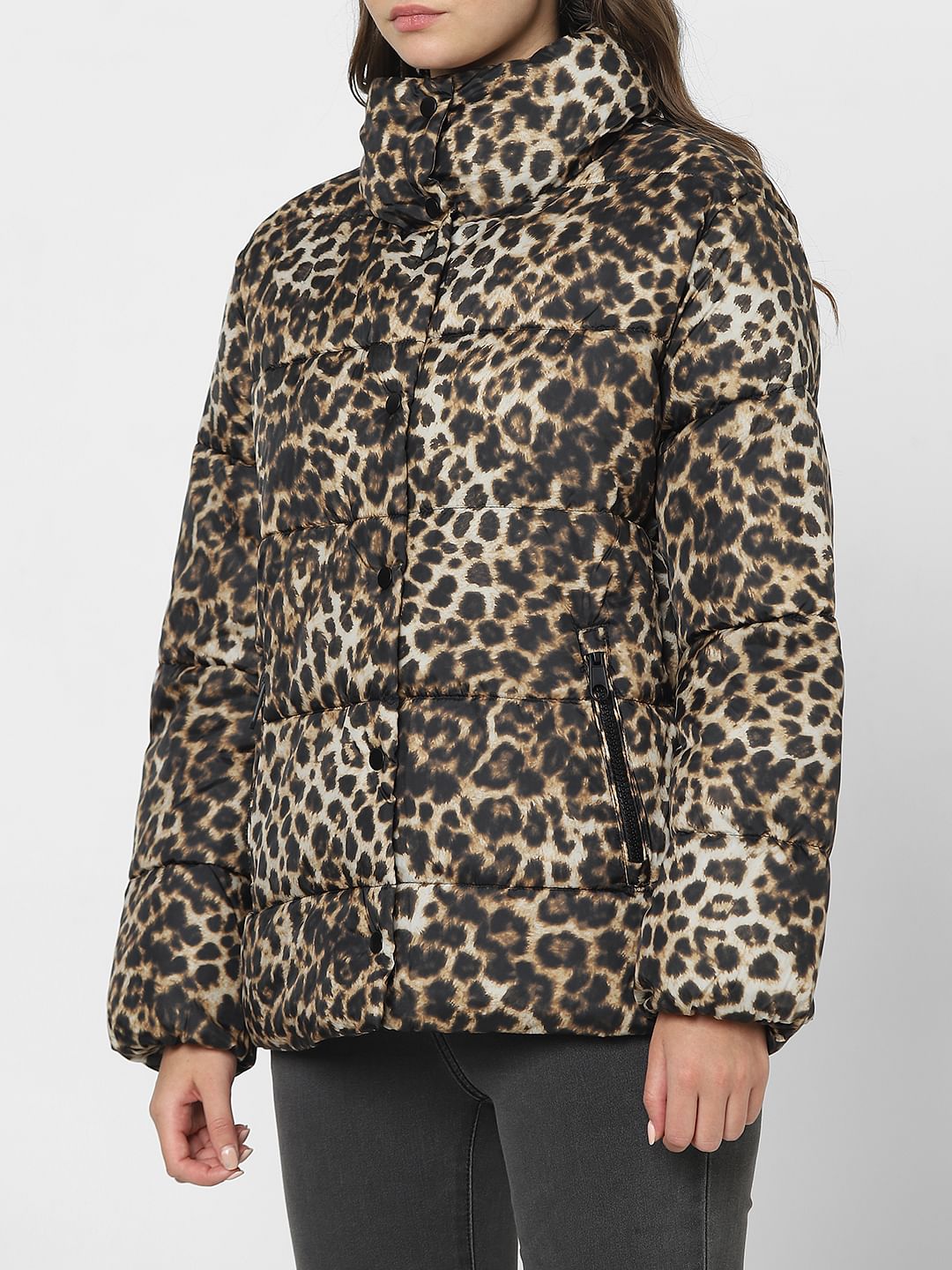 Brown Animal Print Puffer Jacket