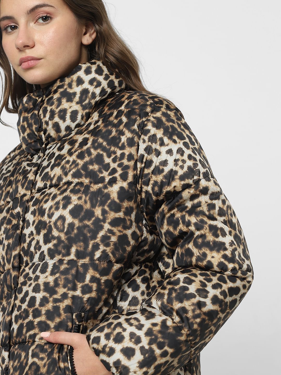 Brown Animal Print Puffer Jacket