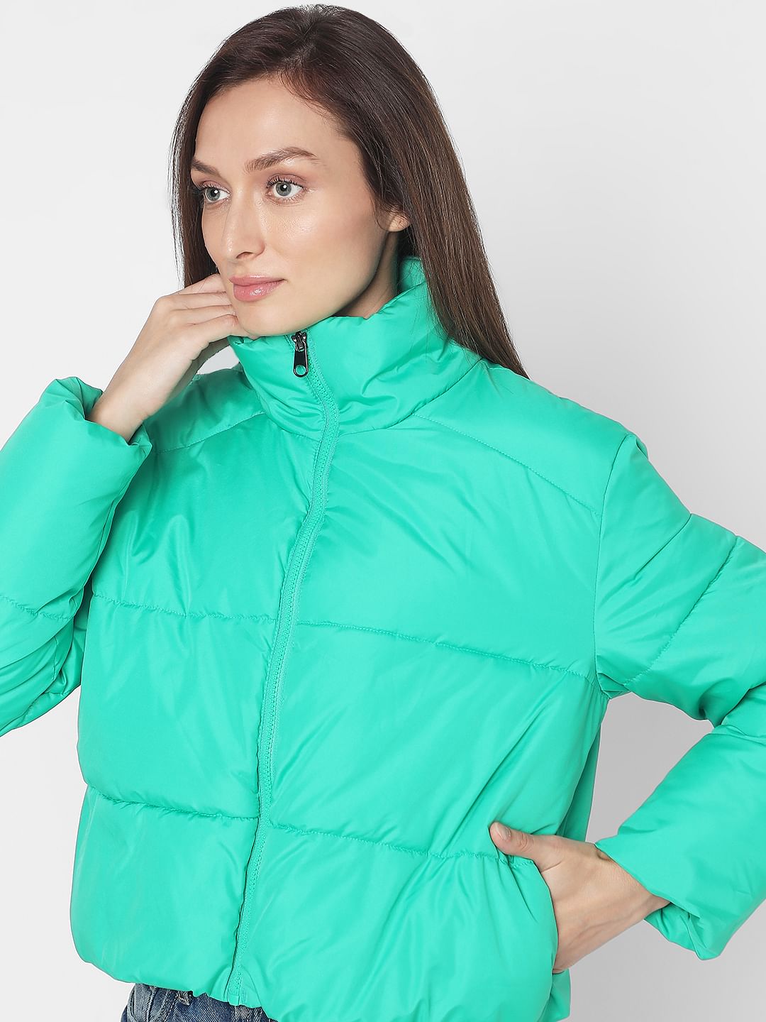 Green High Neck Puffer Jacket