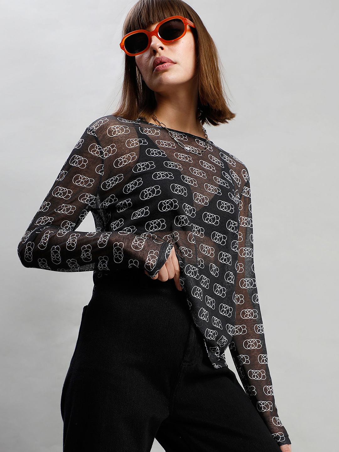 Black Abstract Print Sheer Top