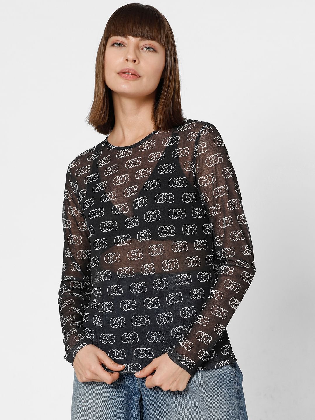 Black Abstract Print Sheer Top