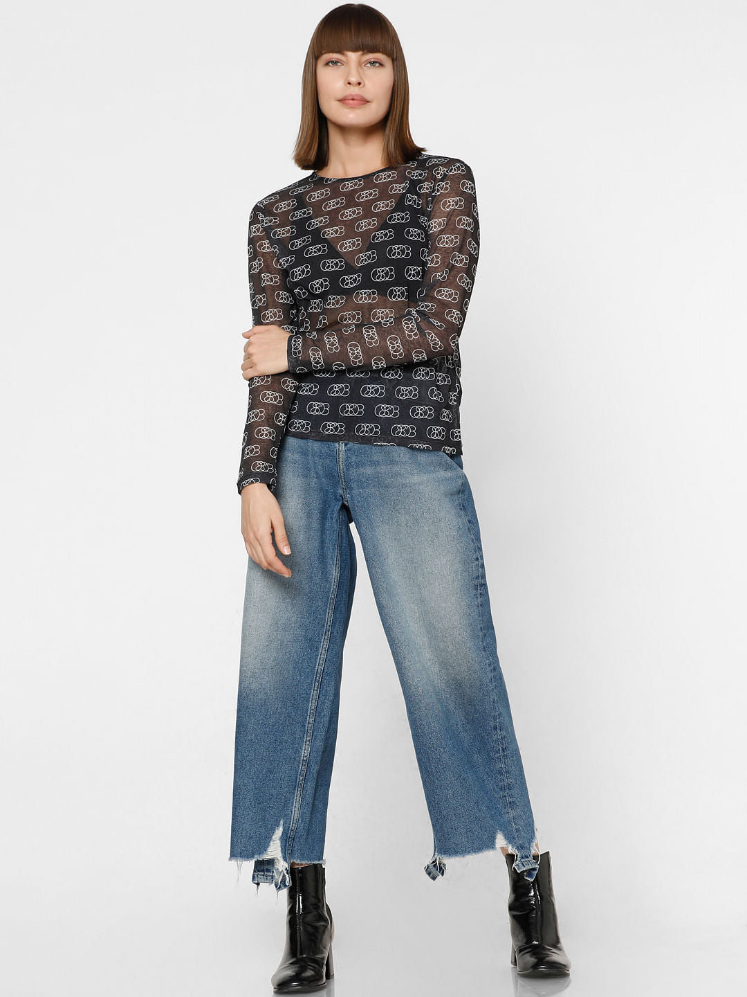 Black Abstract Print Sheer Top