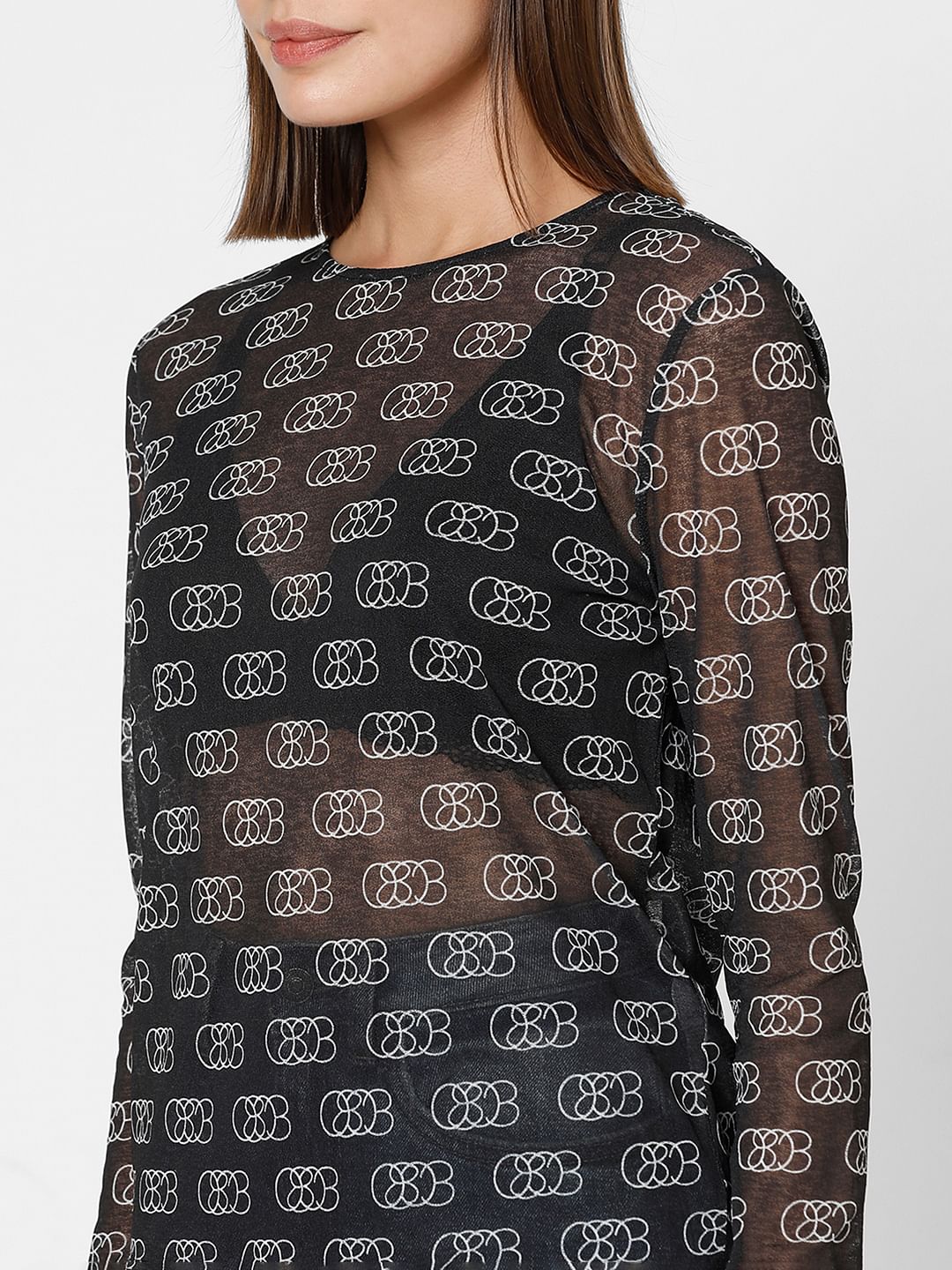 Black Abstract Print Sheer Top