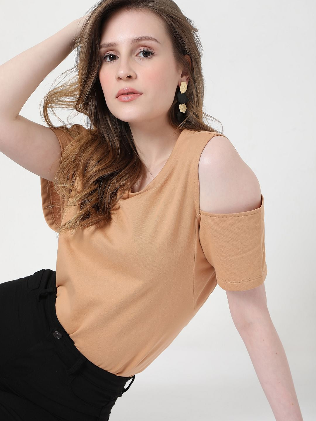 Light Brown Asymmertic Sleeves T-Shirt