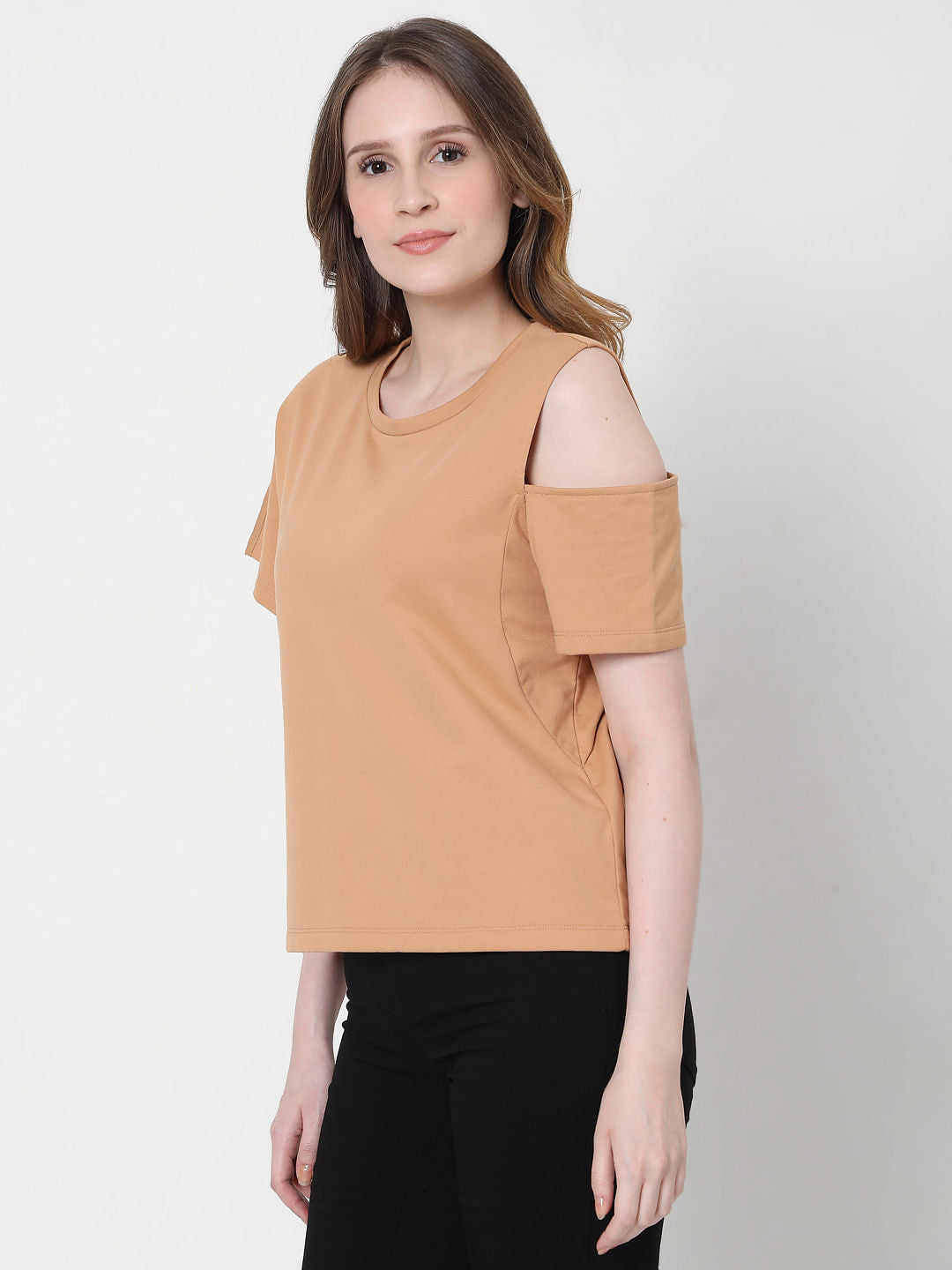 Light Brown Asymmertic Sleeves T-Shirt