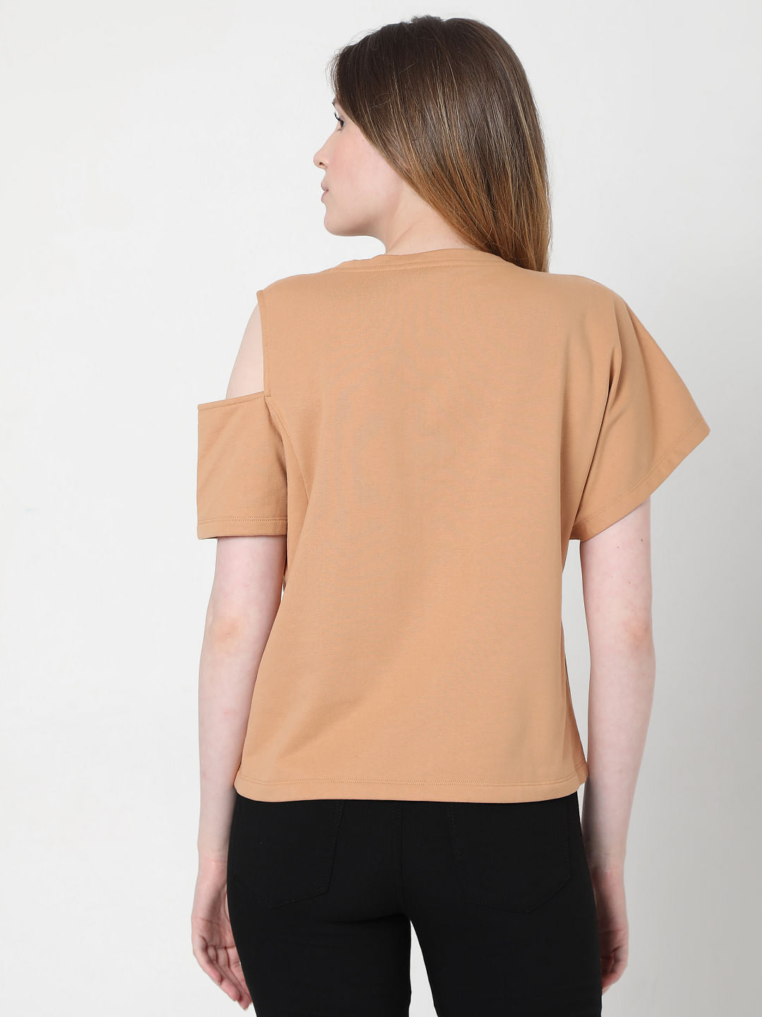Light Brown Asymmertic Sleeves T-Shirt