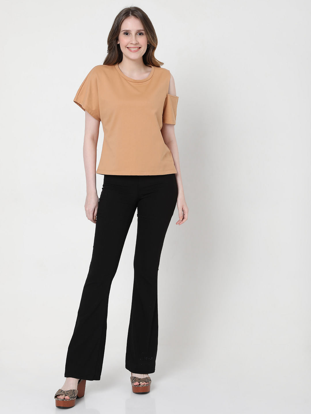 Light Brown Asymmertic Sleeves T-Shirt