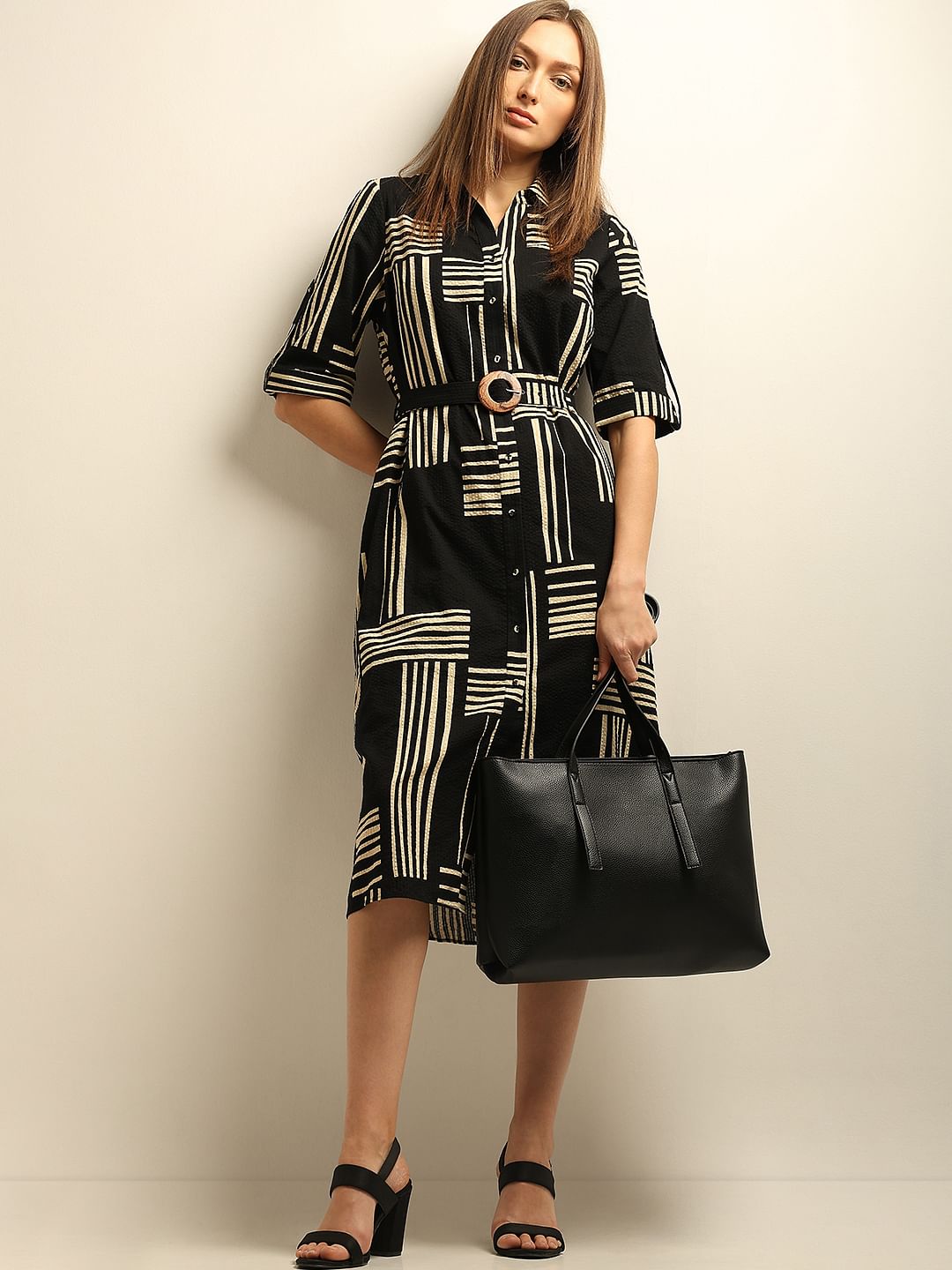 Black Printed Midi Shirt Dress