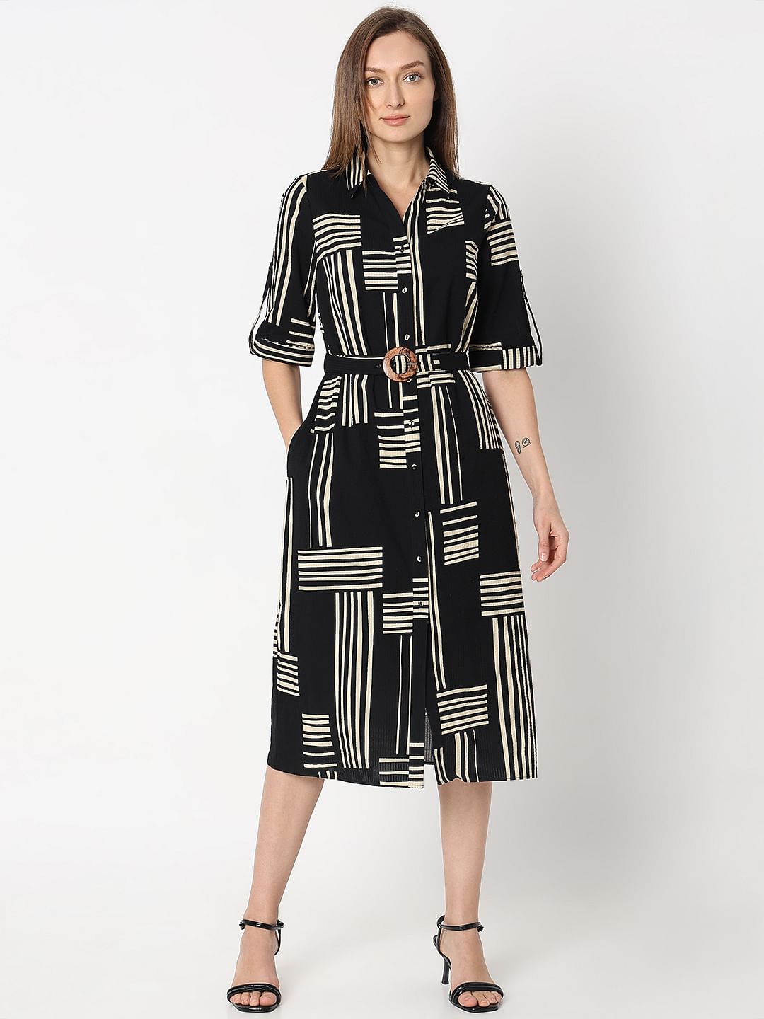 Black Printed Midi Shirt Dress
