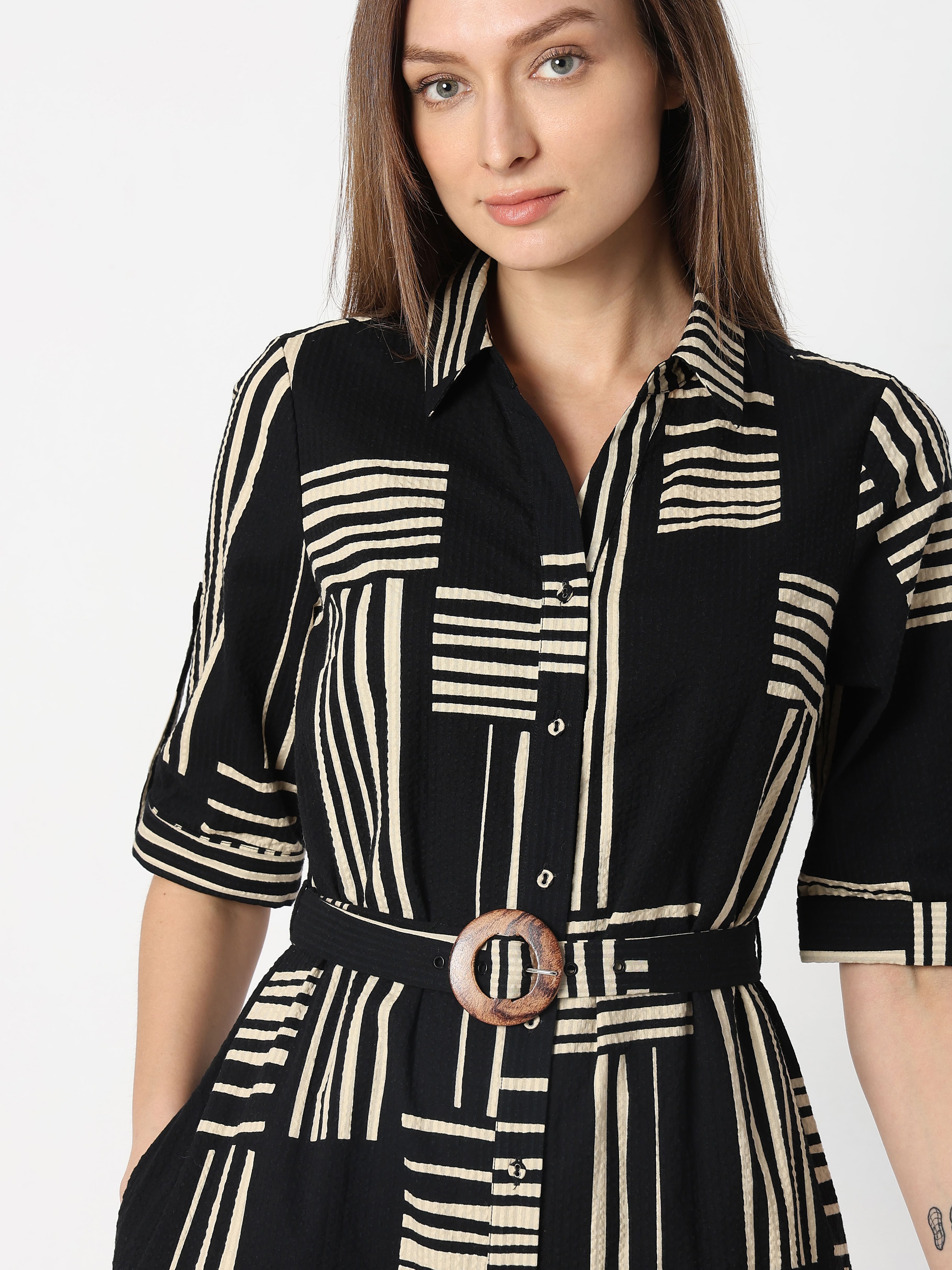 Black Printed Midi Shirt Dress