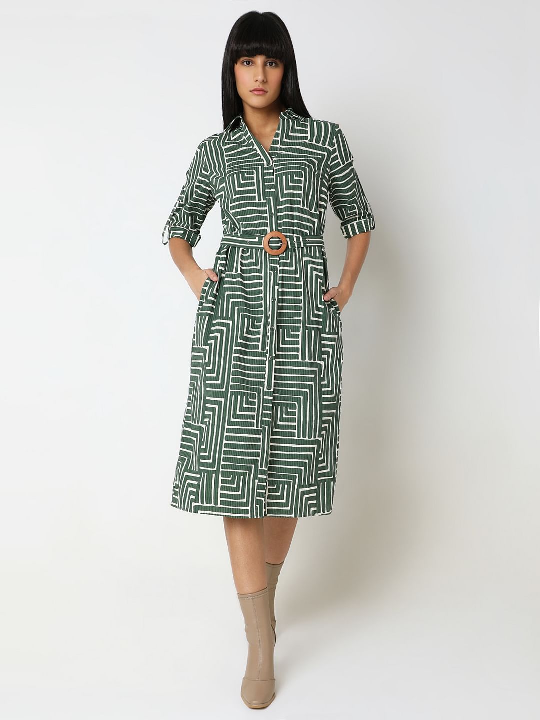 Green Geometric Print Shirt Dress