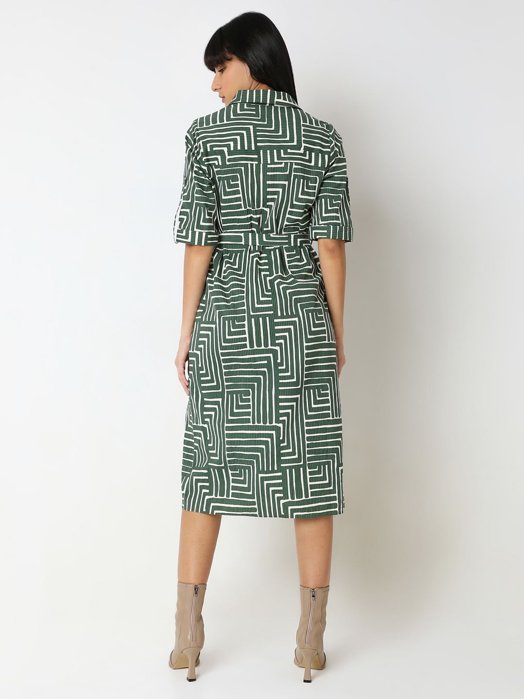 Green Geometric Print Shirt Dress