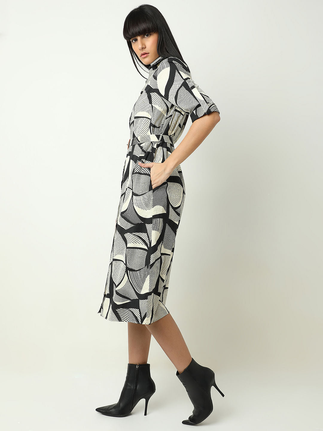 Black Abstract Print Shirt Dress