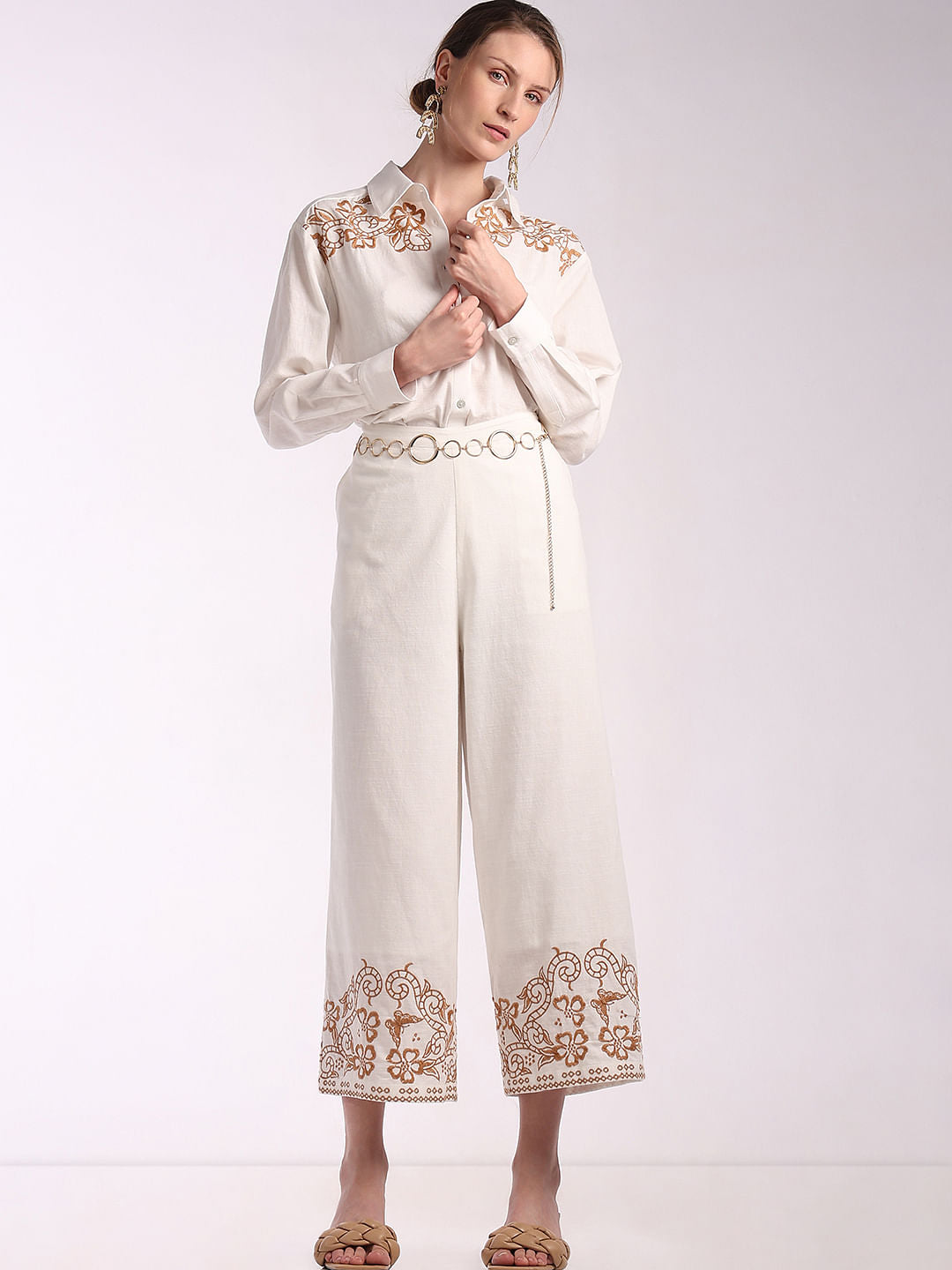 White Embroidered Co-Ord Set Pants