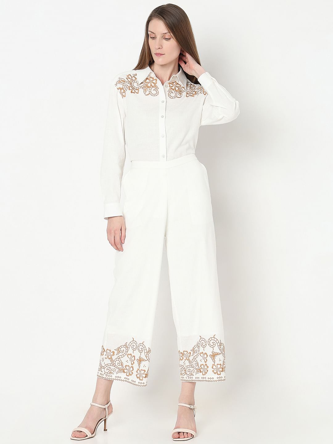 White Embroidered Co-Ord Set Pants