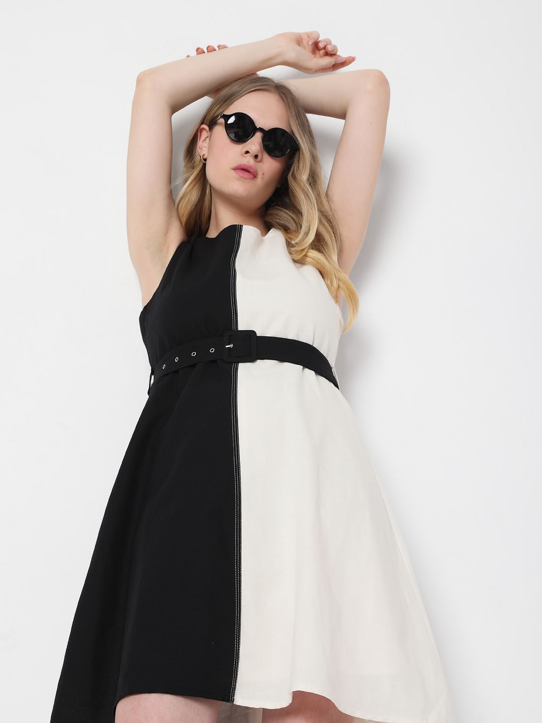 White Colourblocked Fit & Flare Dress