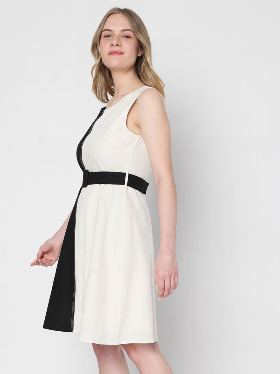 White Colourblocked Fit & Flare Dress