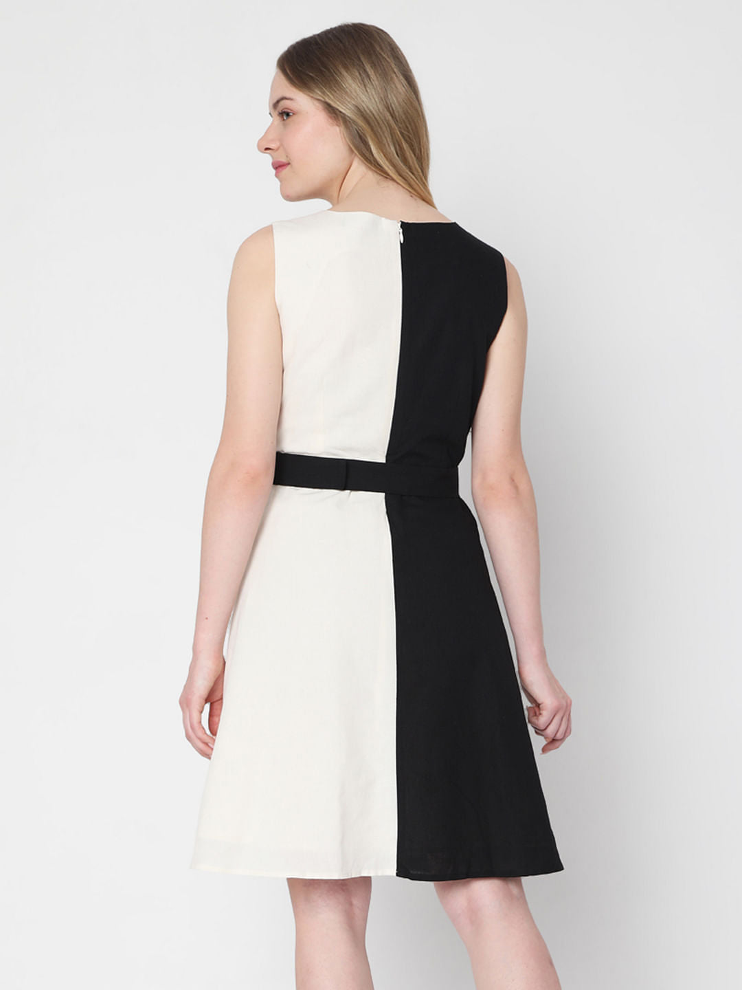 White Colourblocked Fit & Flare Dress