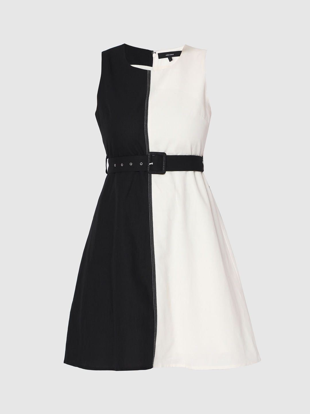 White Colourblocked Fit & Flare Dress