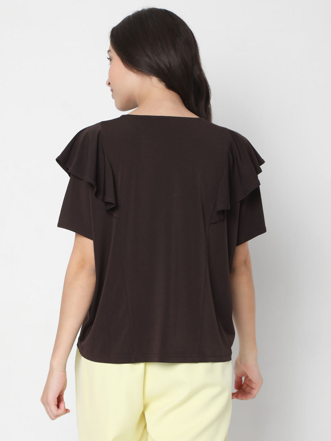 Brown Ruffle Sleeves Plain Top