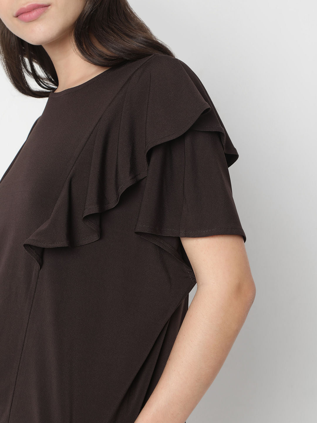 Brown Ruffle Sleeves Plain Top