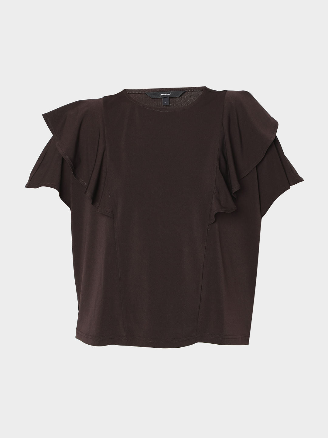 Brown Ruffle Sleeves Plain Top