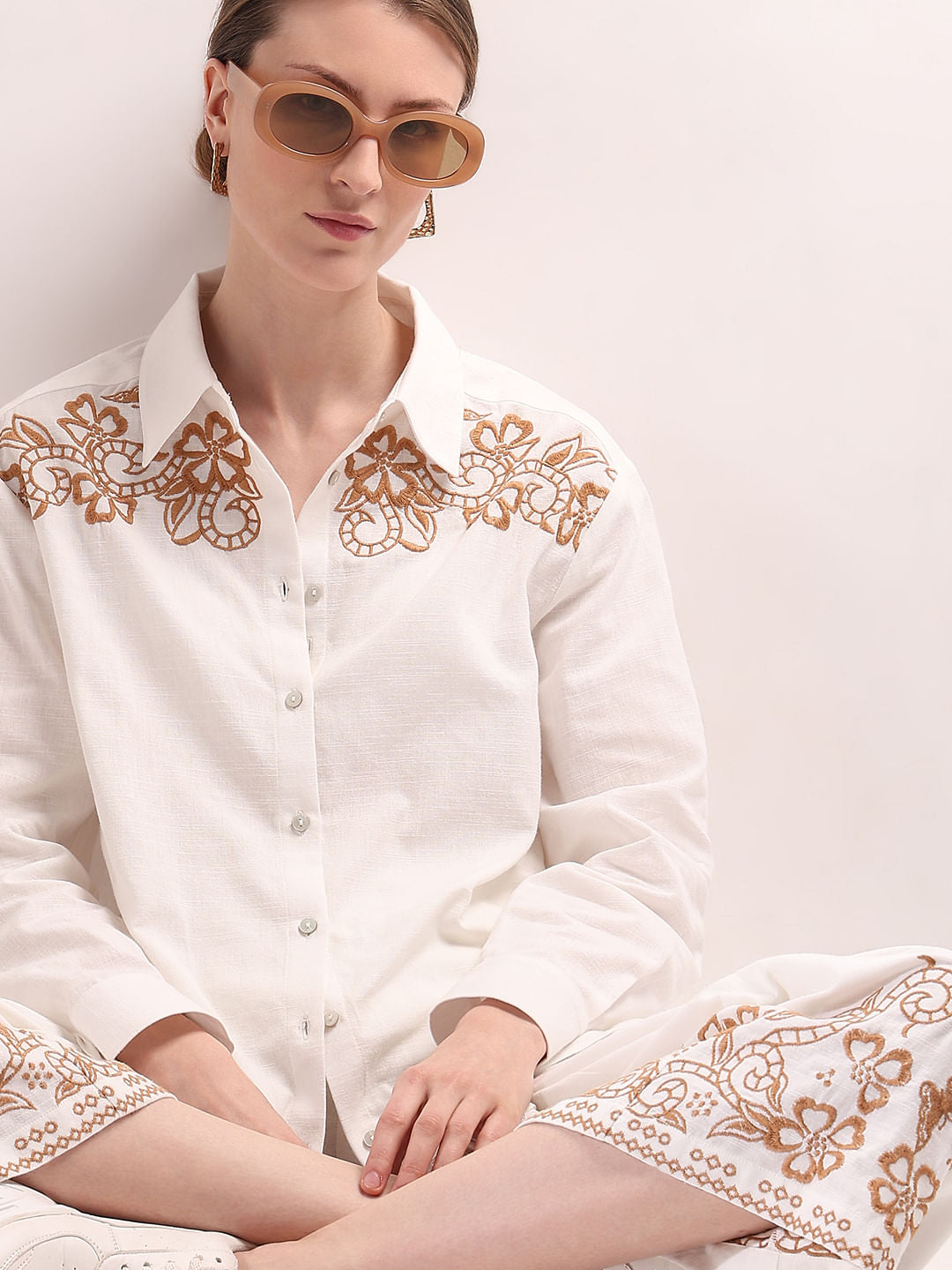 White Embroidered Co-Ord Set Shirt