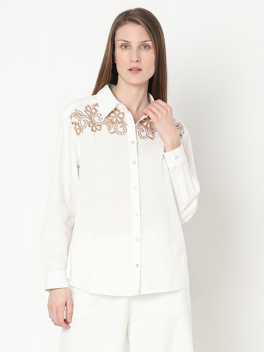 White Embroidered Co-Ord Set Shirt