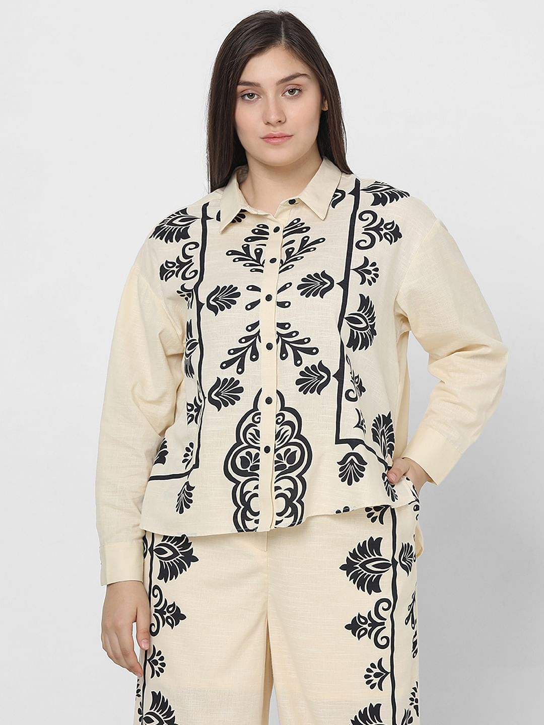 Curve Beige Printed Co-Ord Shirt