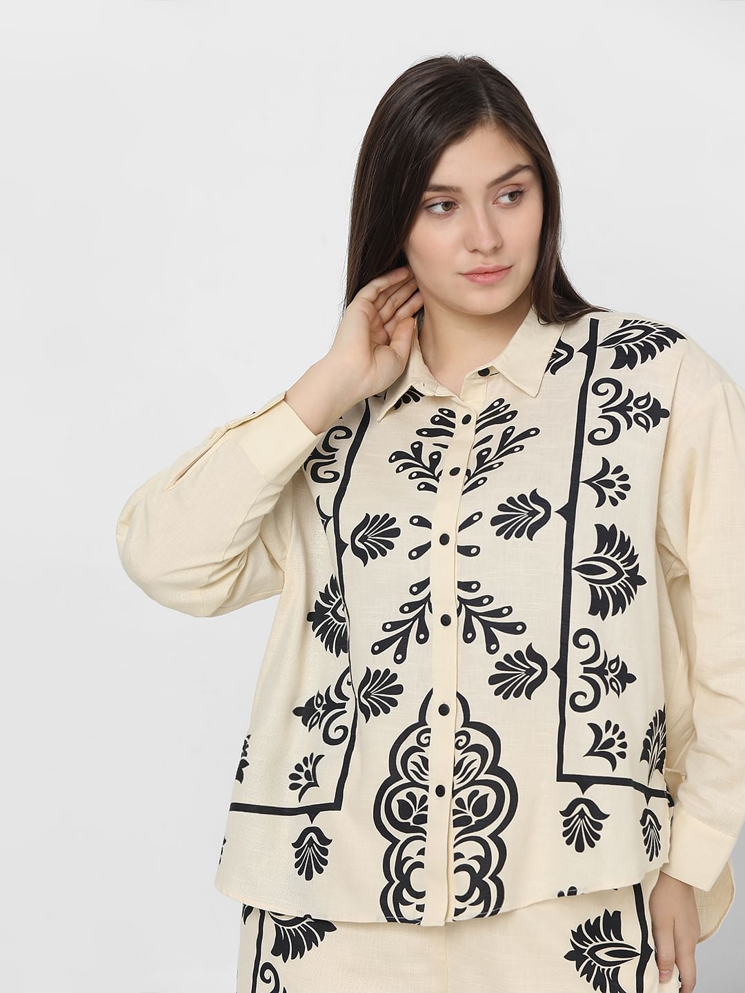 Curve Beige Printed Co-Ord Shirt