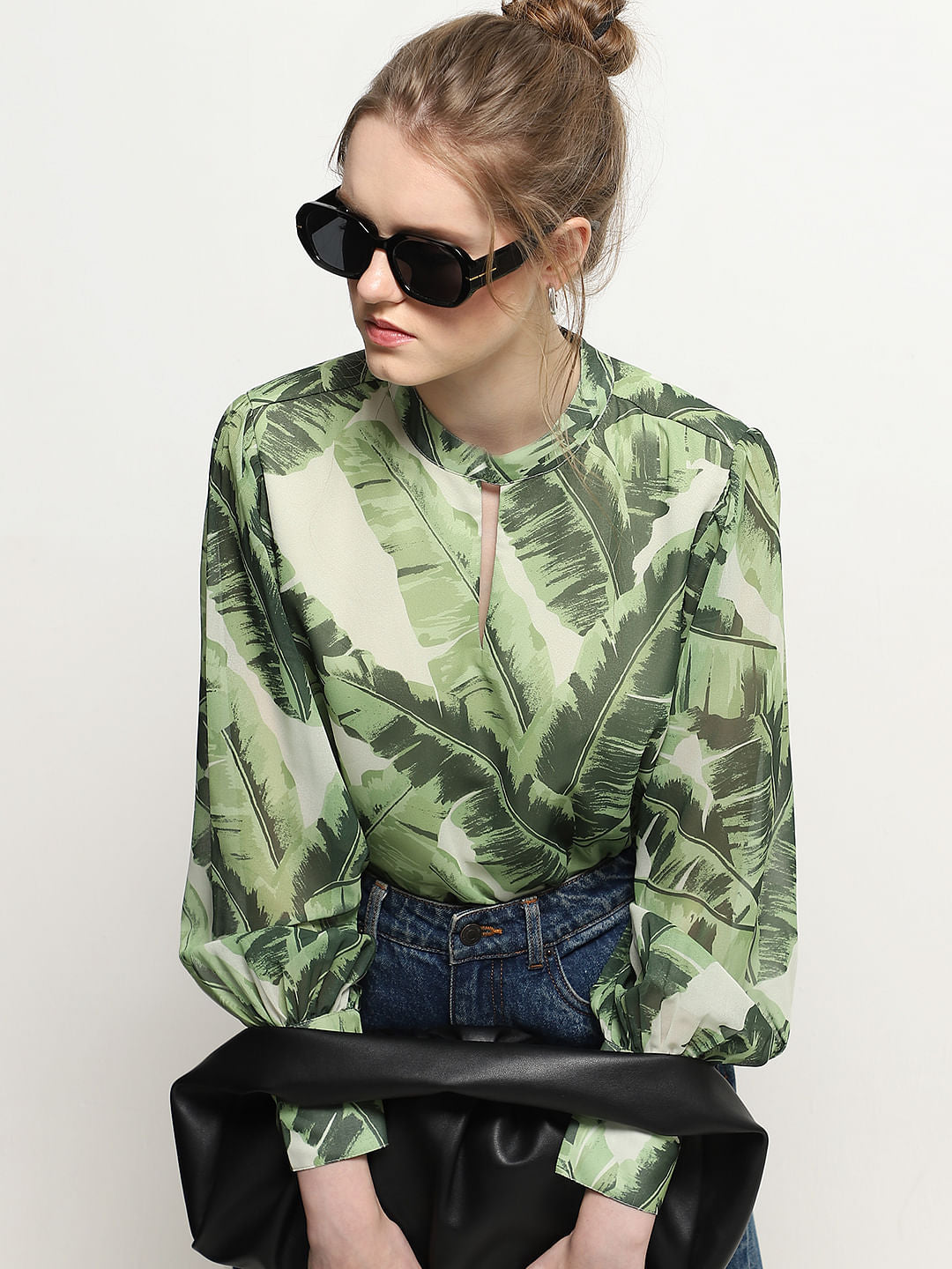 Green Tropical Print Top