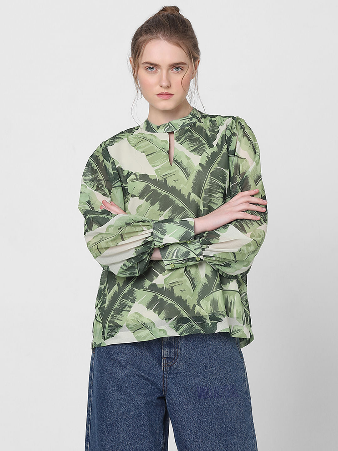 Green Tropical Print Top