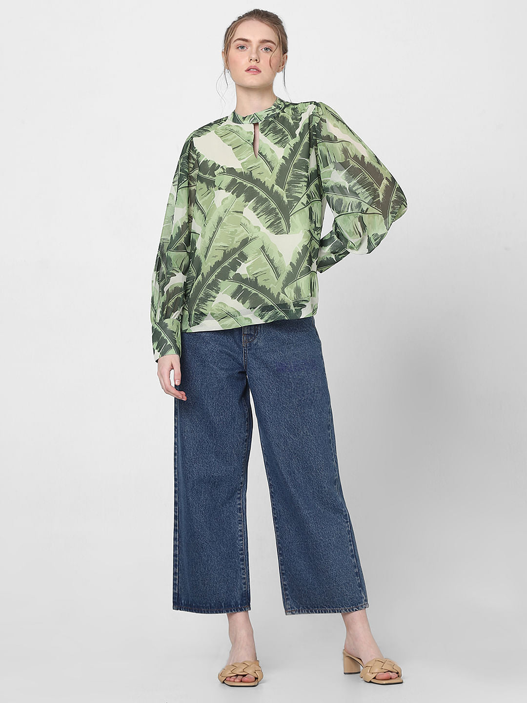 Green Tropical Print Top