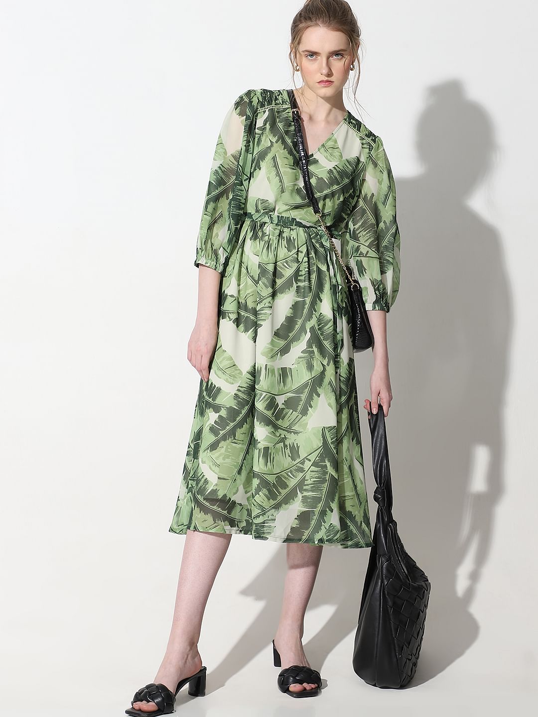 Green Tropical Print Midi Dress