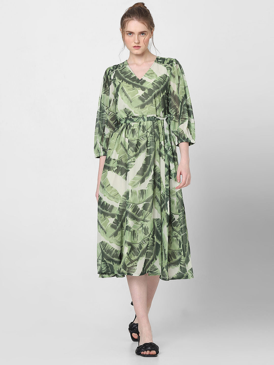 Green Tropical Print Midi Dress