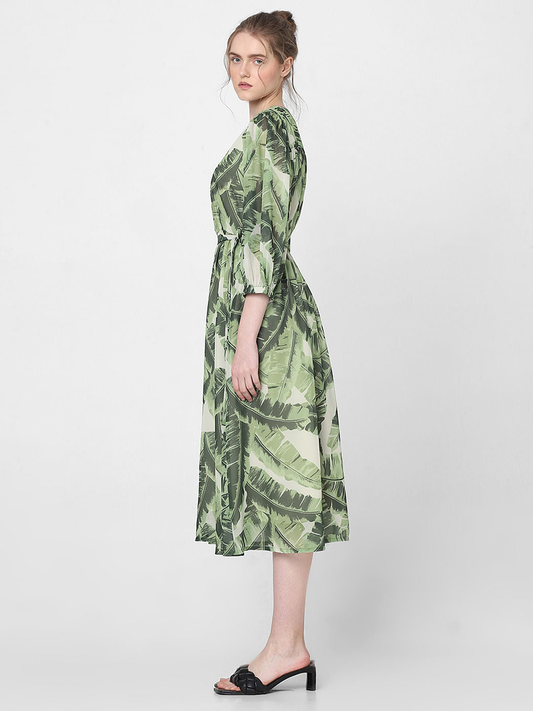 Green Tropical Print Midi Dress